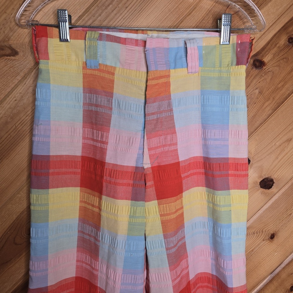 Rare Vintage 70s Plushbottoms High Waisted Rainbow Plaid Bell Bottoms - Picture 2 of 10